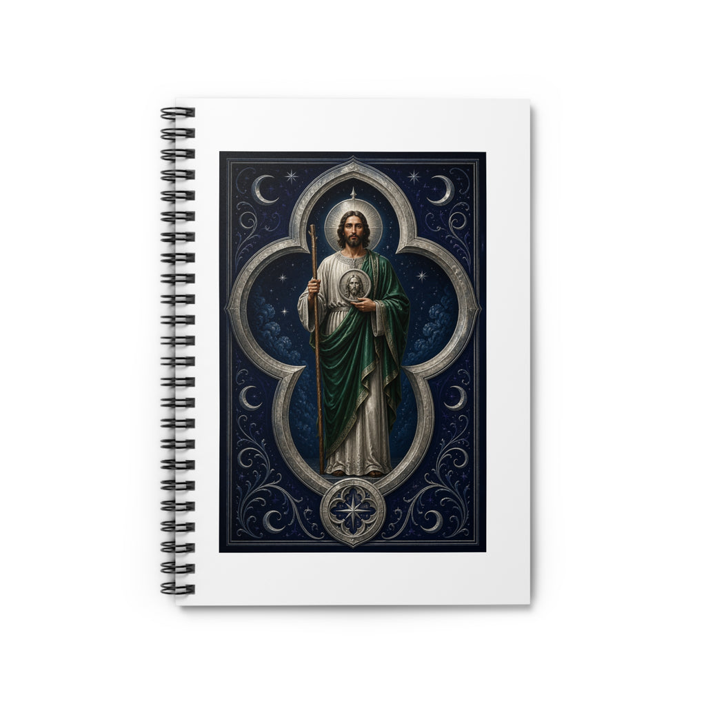 silver, indigo, and ivory San Judas Tadeo Silver Moon Quatrefoil illustration on a spiral notebook