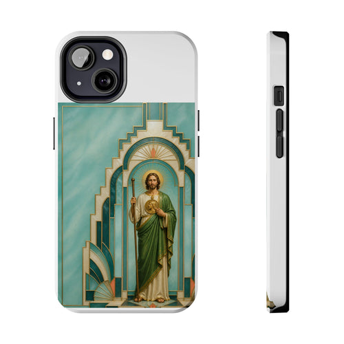 aqua, pearl, and aged brass San Judas Tadeo Aqua Radiant Sanctuary illustration on a tough phone case