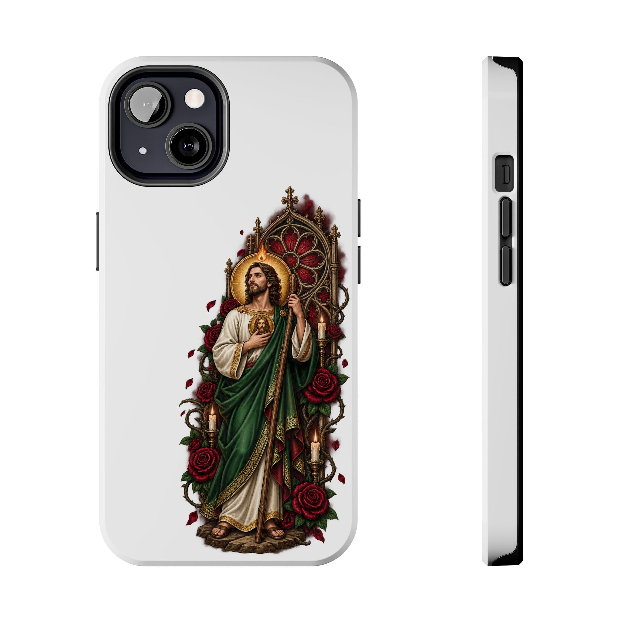 Crimson rose window San Judas Tadeo illustration on a glossy tough iPhone case