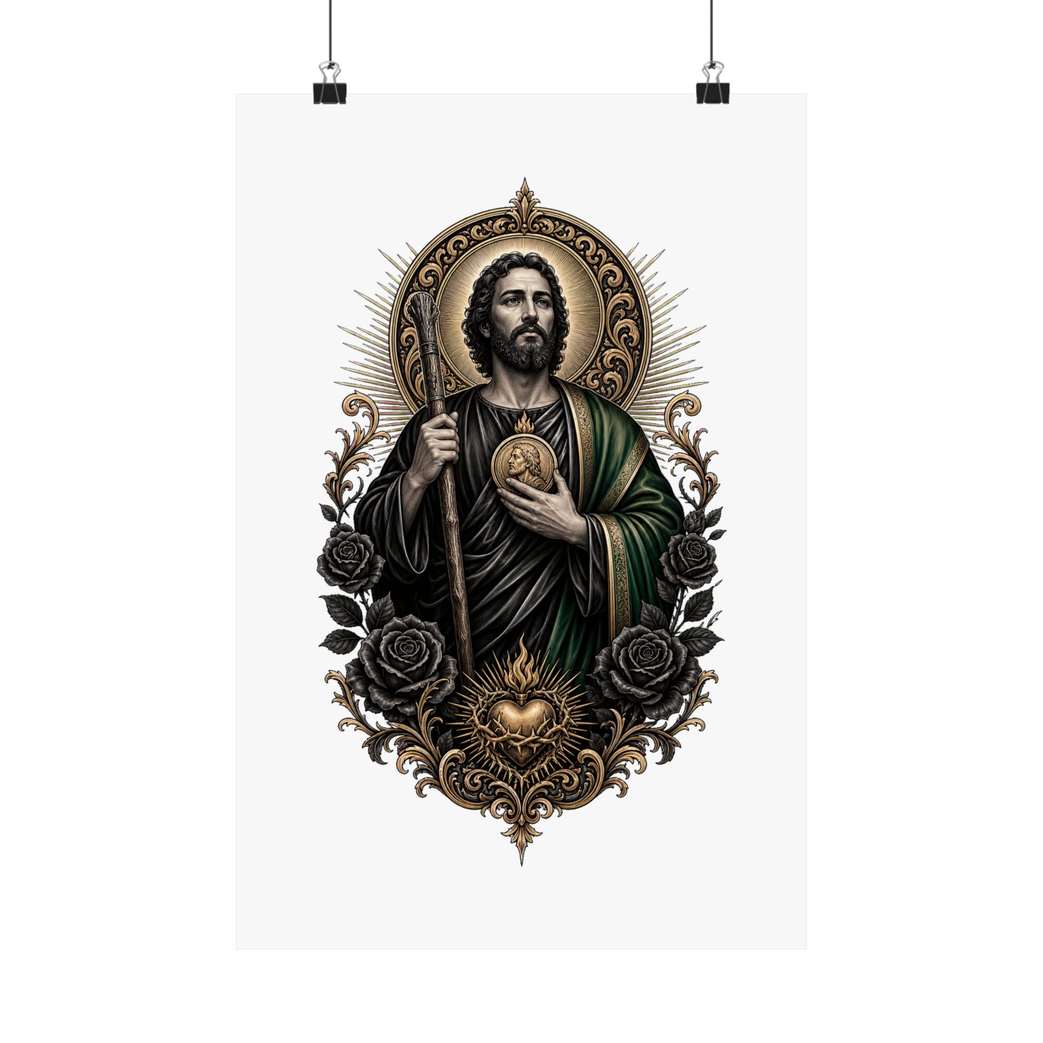 Black and gold San Judas Tadeo Sacred Heart illustration on a vertical matte poster