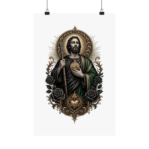 Black and gold San Judas Tadeo Sacred Heart illustration on a vertical matte poster