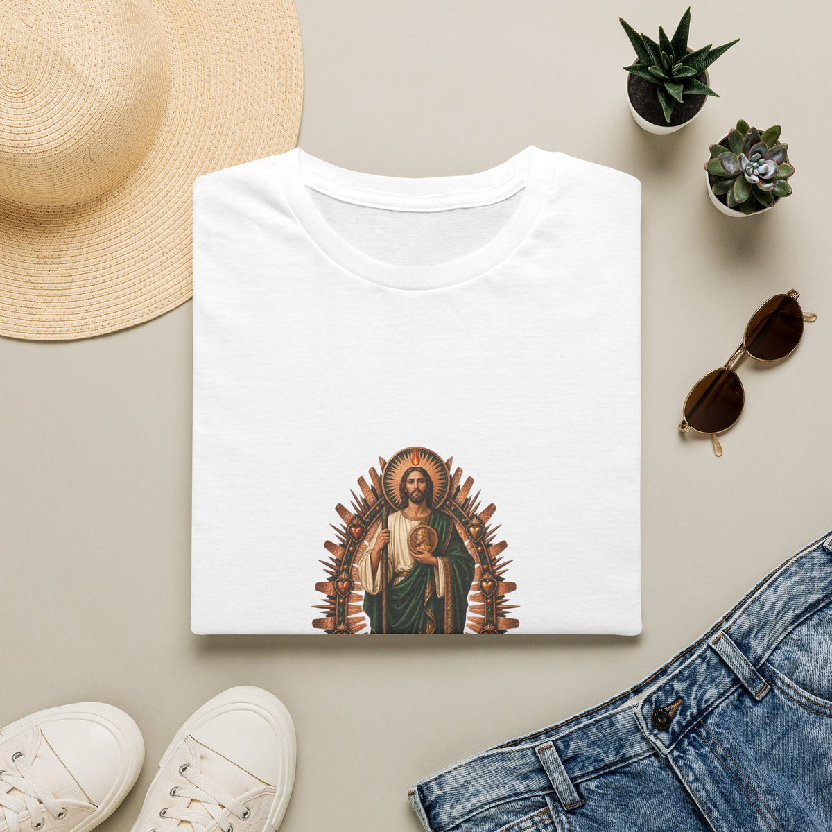 San Judas T-shirt with copper ex-voto mandorla and emerald Sacred Heart details
