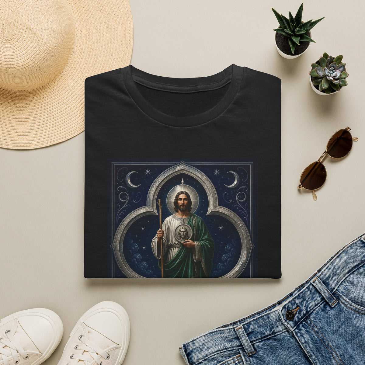 San Judas Tadeo Silver Moon Quatrefoil Unisex T-Shirt