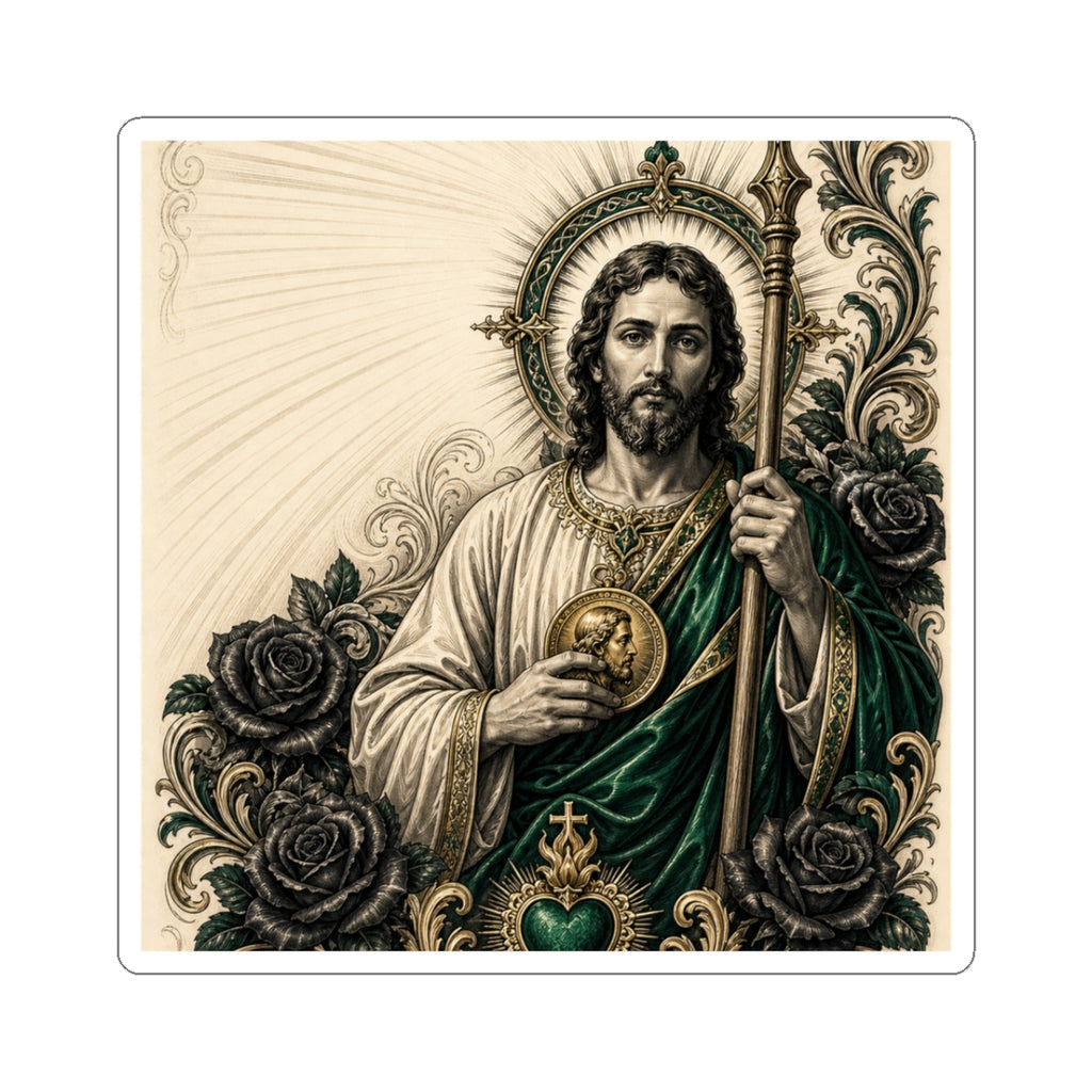 San Judas Tadeo Emerald & Gold Sacred Heart Kiss-Cut Sticker