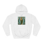 aqua, pearl, and aged brass San Judas Tadeo Aqua Radiant Sanctuary illustration on a unisex hoodie