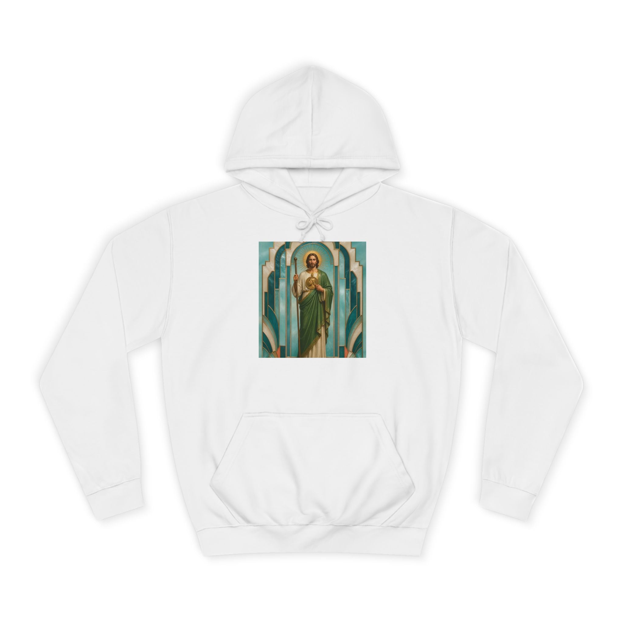 aqua, pearl, and aged brass San Judas Tadeo Aqua Radiant Sanctuary illustration on a unisex hoodie