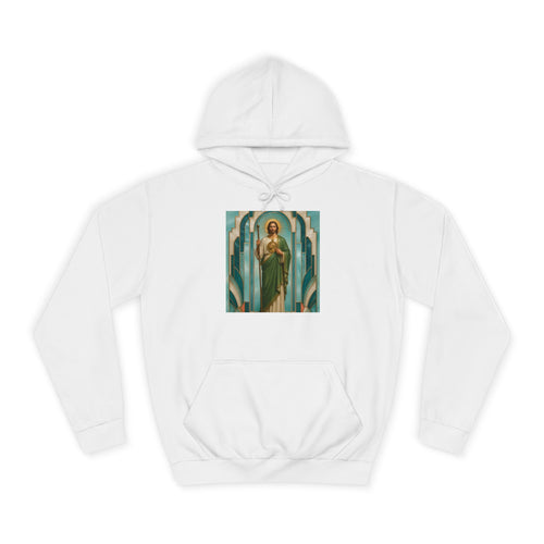 aqua, pearl, and aged brass San Judas Tadeo Aqua Radiant Sanctuary illustration on a unisex hoodie
