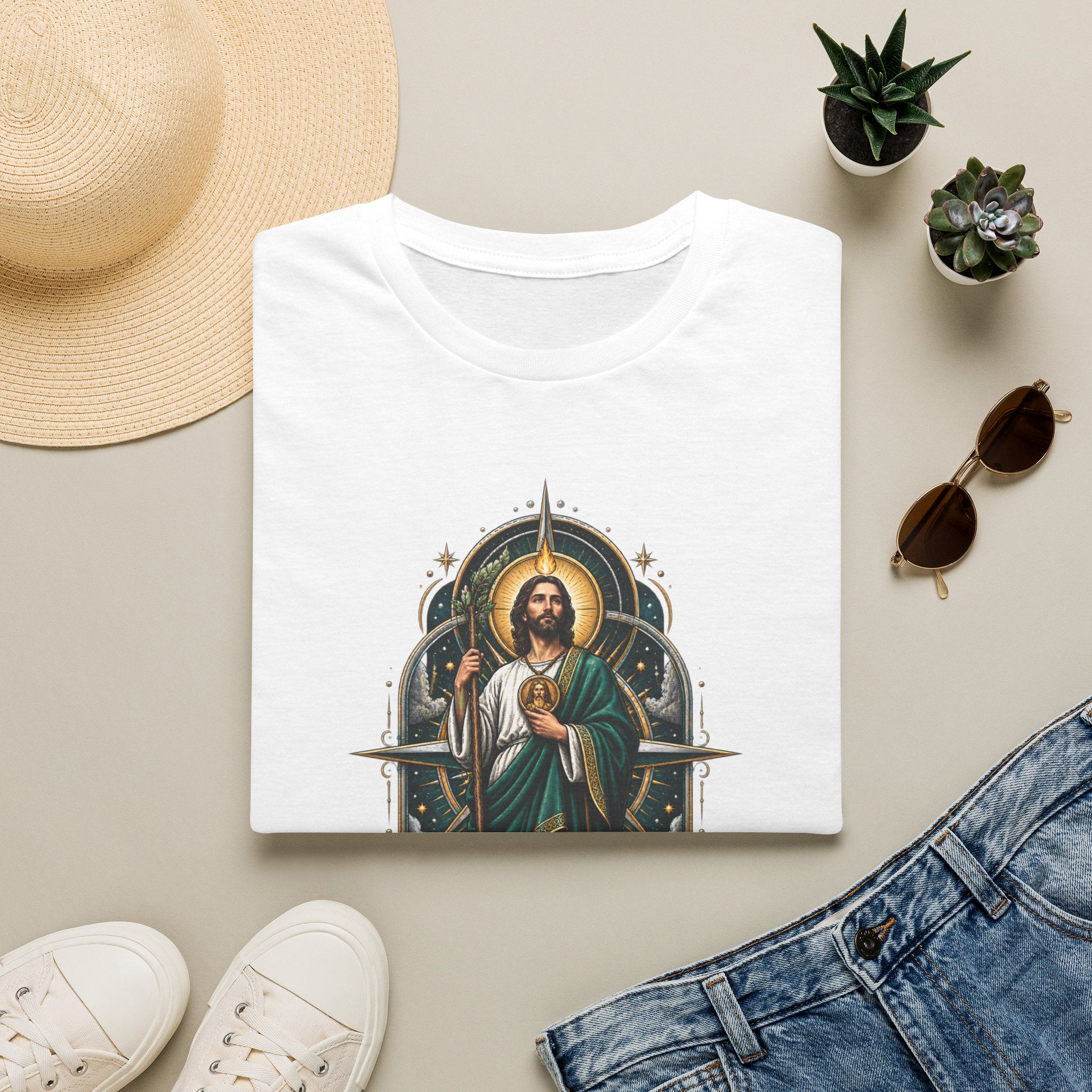 Midnight-blue San Judas Tadeo compass illustration printed on a white unisex T-shirt