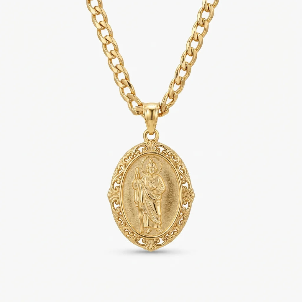 18K Gold Plated San Judas Medallion Necklace - White Background