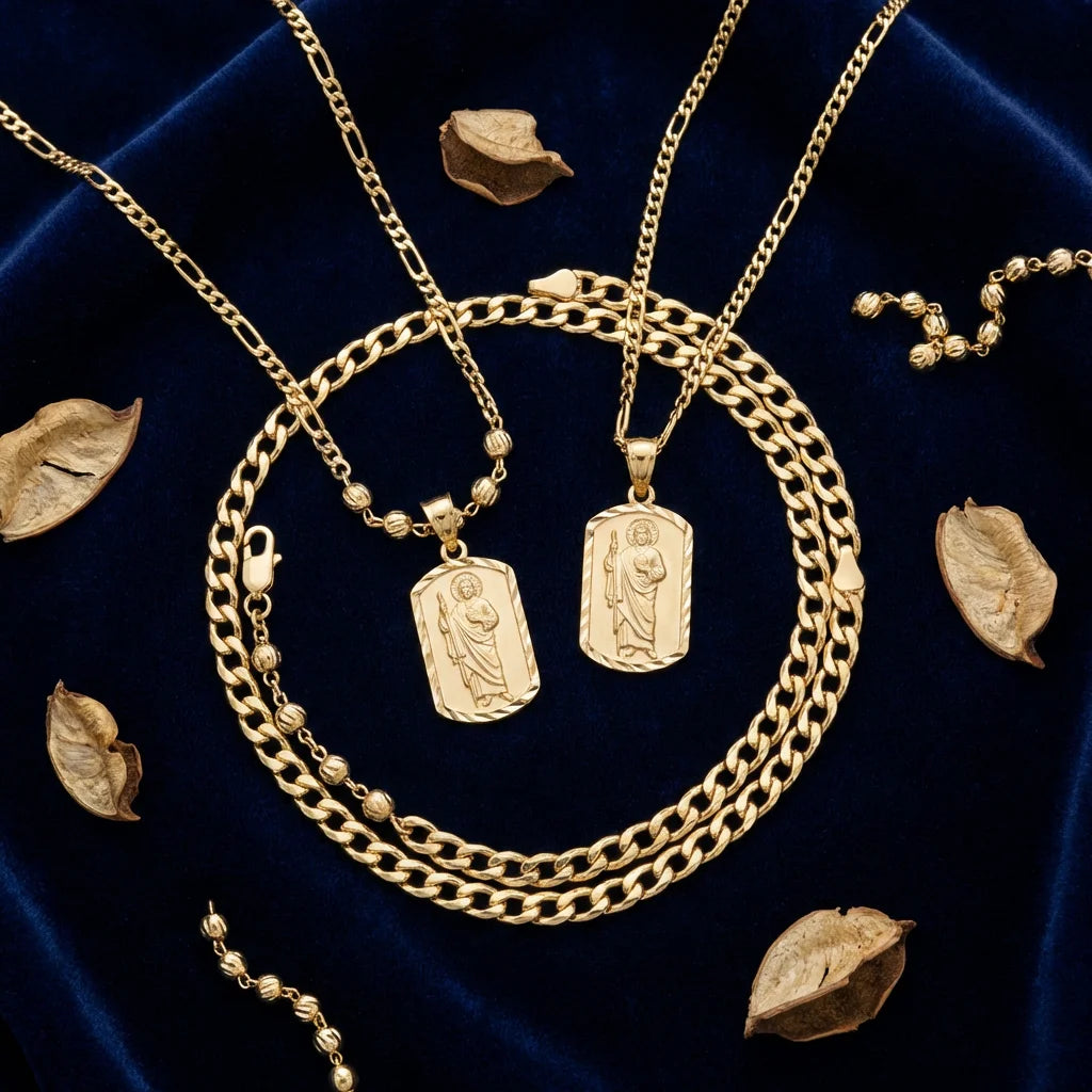 San Judas Gold Jewelry Set - Flat Lay