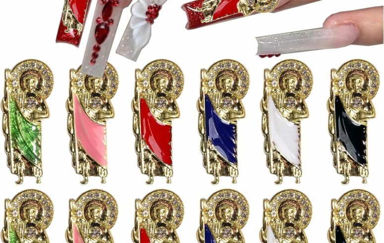 San Judas Nail Charms for Acrylic Nails，12PCS Nail Gems Metal San Judas Nail Decorations 6 Colors，Religious Nail Rhinestones Accessories Nail Jewels for Nail Art Supplies Manicure Craft DIY