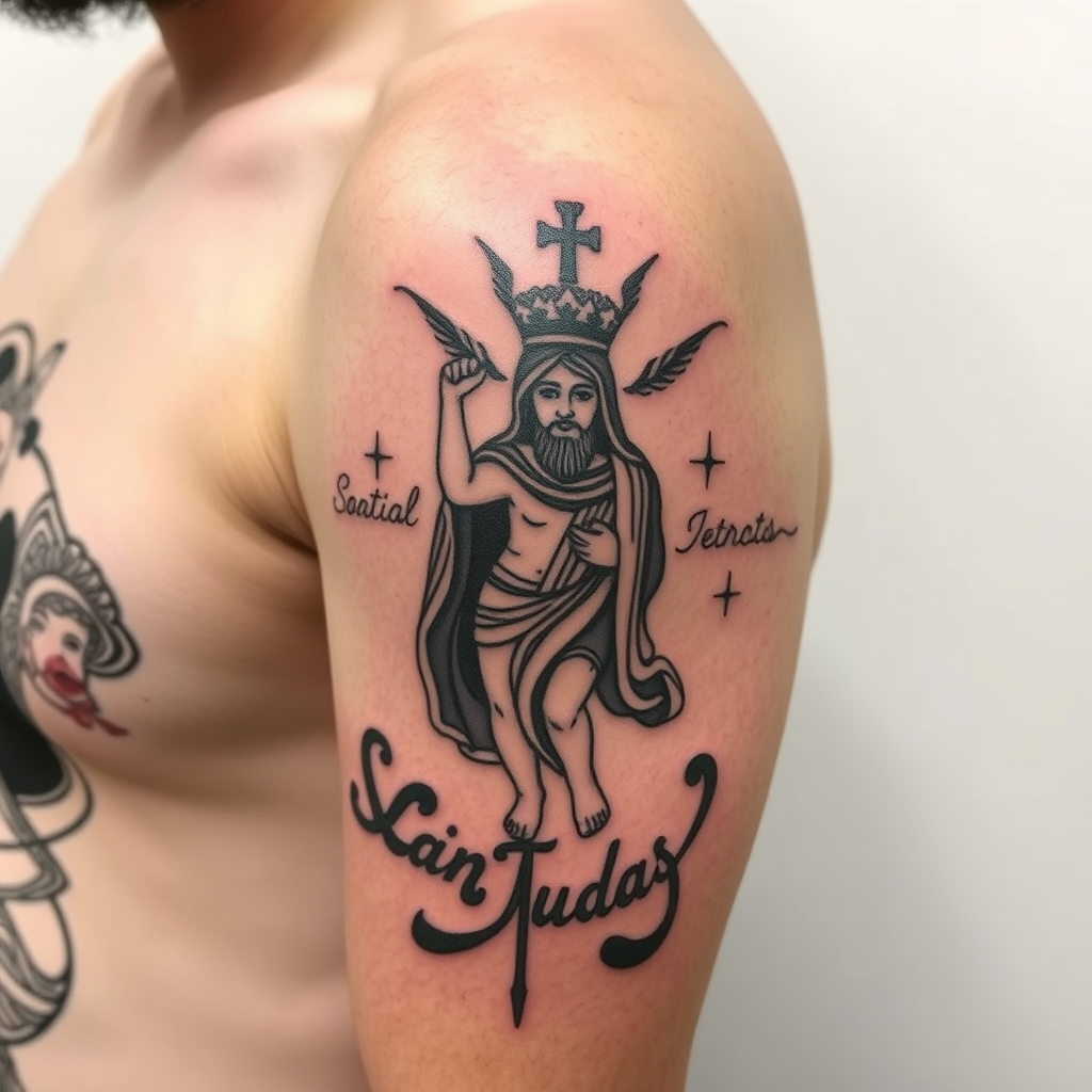 Fully healed San Judas tattoo with vibrant colors
