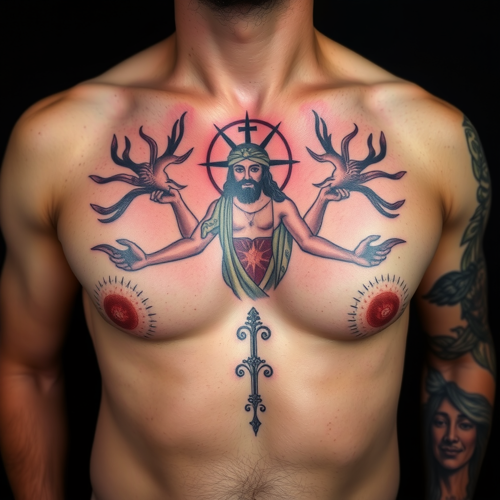 Close-up of a healing San Judas tattoo with ointment