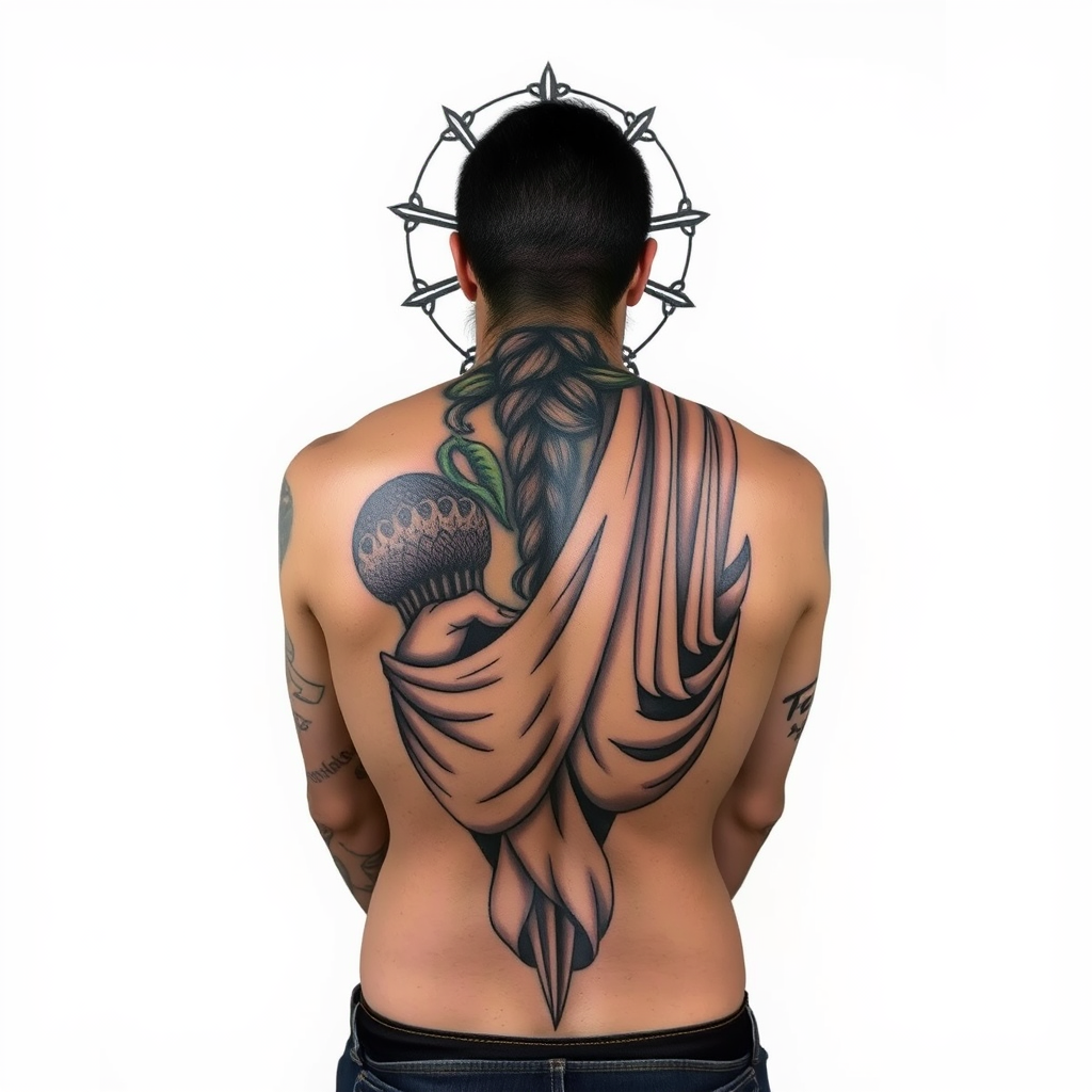 Tatuaje de San Judas con rosario y llamas
