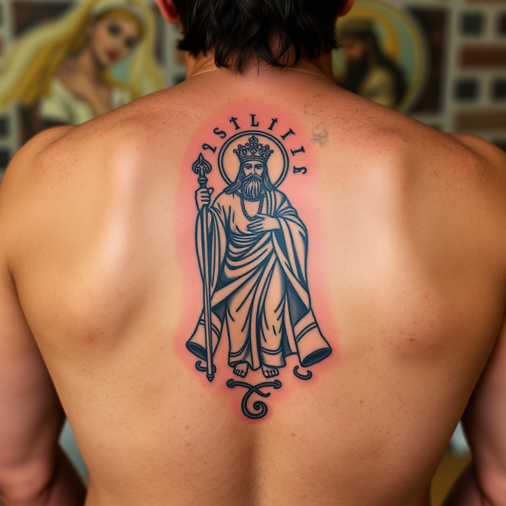 Traditional San Judas Tadeo tattoo design with flames and prayer
