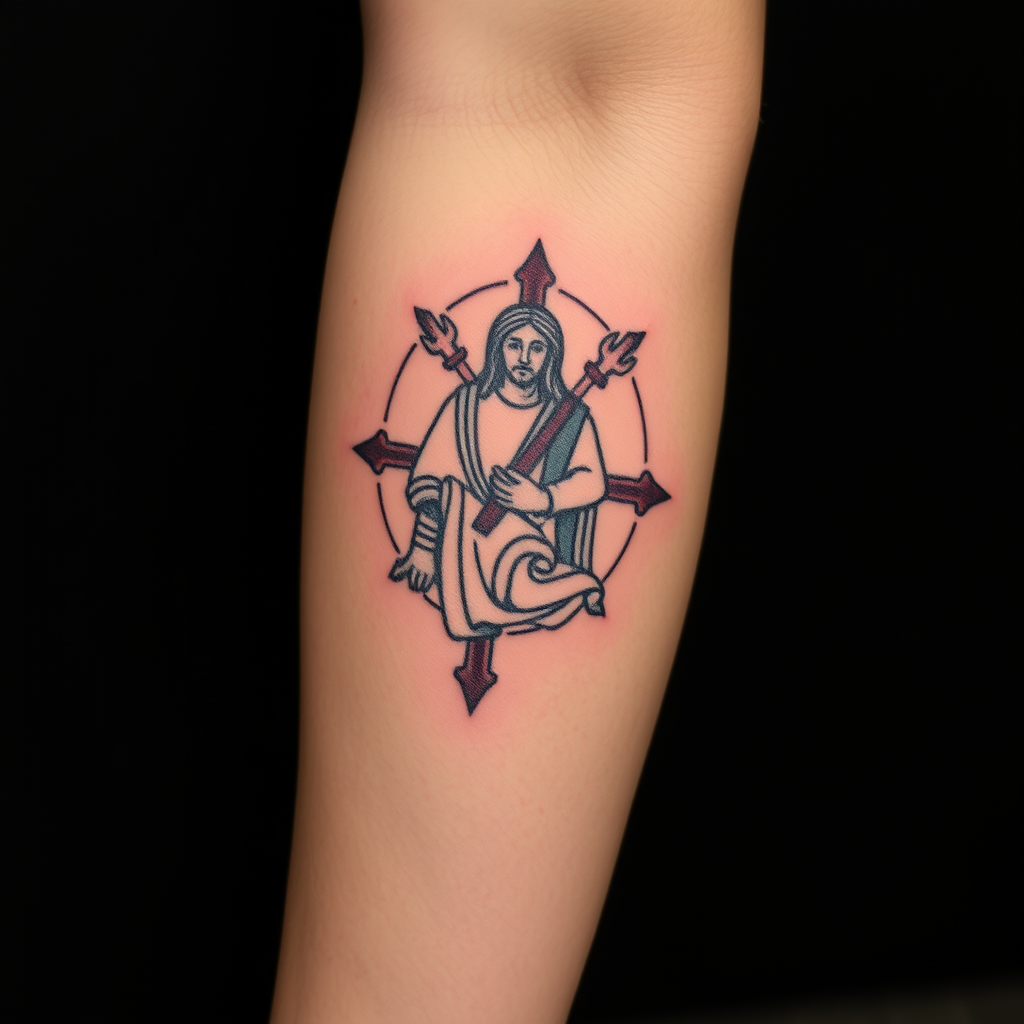 Customized San Judas tattoo with prayer