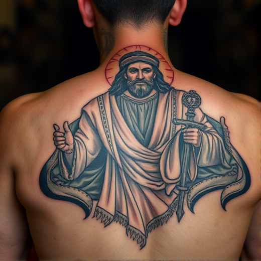 San Judas Tadeo tattoo design with traditional elements