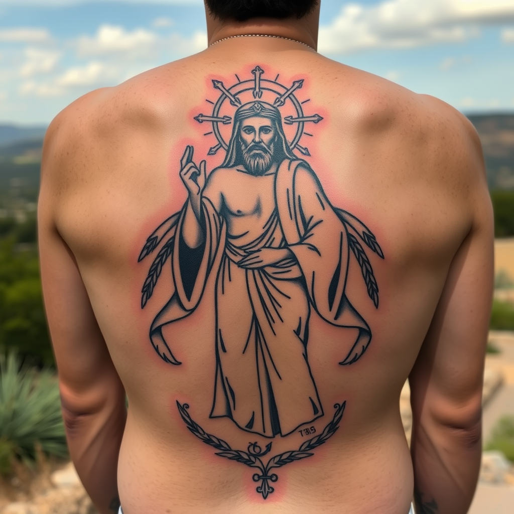 Traditional Saint Jude tattoo design with flames and a sacred heart