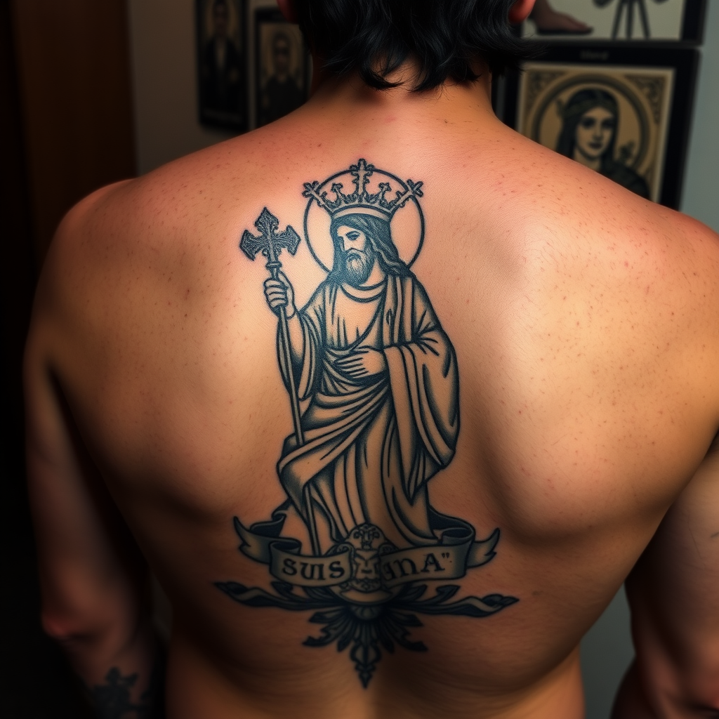 San Judas Tattoo on forearm with prayer beads