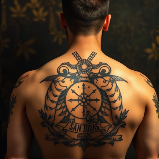 San Judas Tadeo tattoo design with flame and medallion
