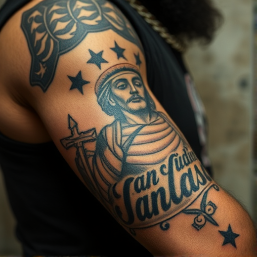 Colorful San Judas Tadeo tattoo with vibrant details