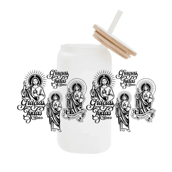 Premium 3D UV DTF San Judas Tadeo Decal for Libbey 16oz Beer Glasses – Waterproof Catholic Drinkware Wrap - Image 3