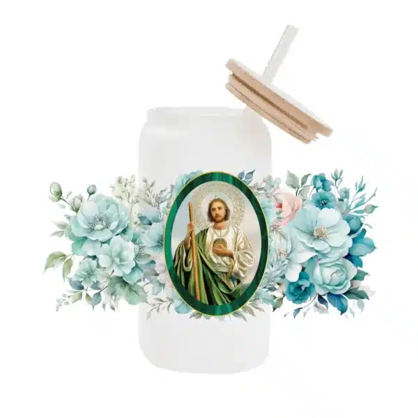 Premium 3D UV DTF San Judas Tadeo Decal for Libbey 16oz Beer Glasses – Waterproof Catholic Drinkware Wrap - Image 2