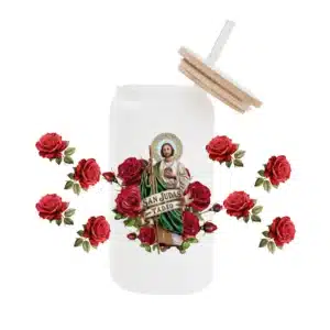 San Judas Tadeo 3D Glass Wrap – Waterproof UV DTF Decal for Libbey 16oz Can Glass | Catholic Coffee Cup Gift