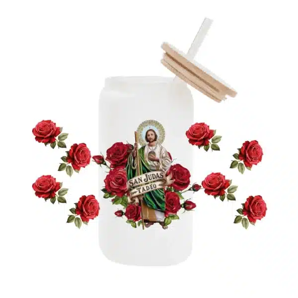 Premium 3D UV DTF San Judas Tadeo Decal for Libbey 16oz Beer Glasses – Waterproof Catholic Drinkware Wrap