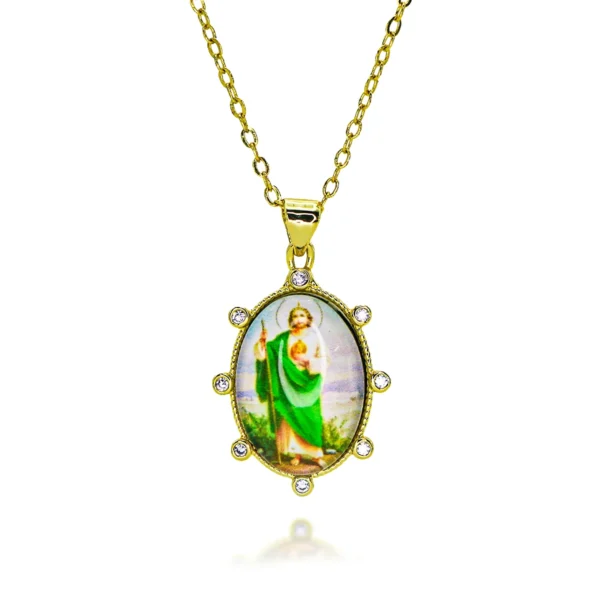 Gold Plated St. Jude Hollow Charms for Necklace DIY Jewelry Making Green Zirconia San Judas Oval Pendant for Bracelets Jewelry