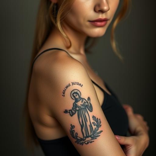 Woman with a San Judas tattoo on her back