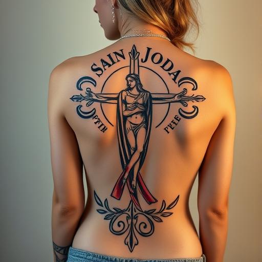 Mujer con un tatuaje de San Judas en la espalda