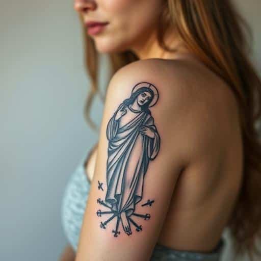 Woman with a San Judas tattoo on her arm