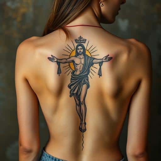 Mujer con un tatuaje de San Judas en el brazo