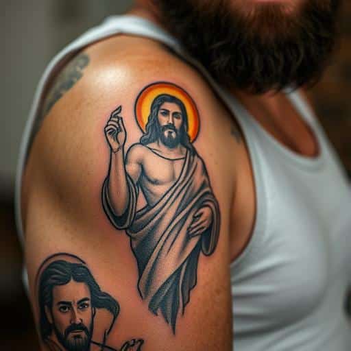 Man with a San Judas tattoo on his arm