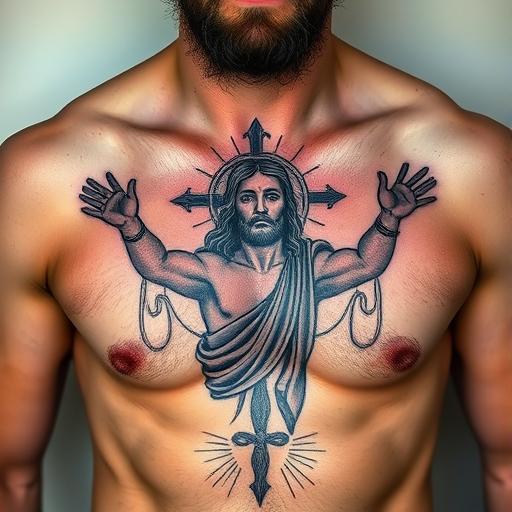 Man with a San Judas tattoo on his chest